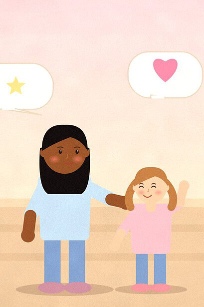 Illustration of a parent and child chatting on a porch at sunset with speech bubbles holding a star and a heart