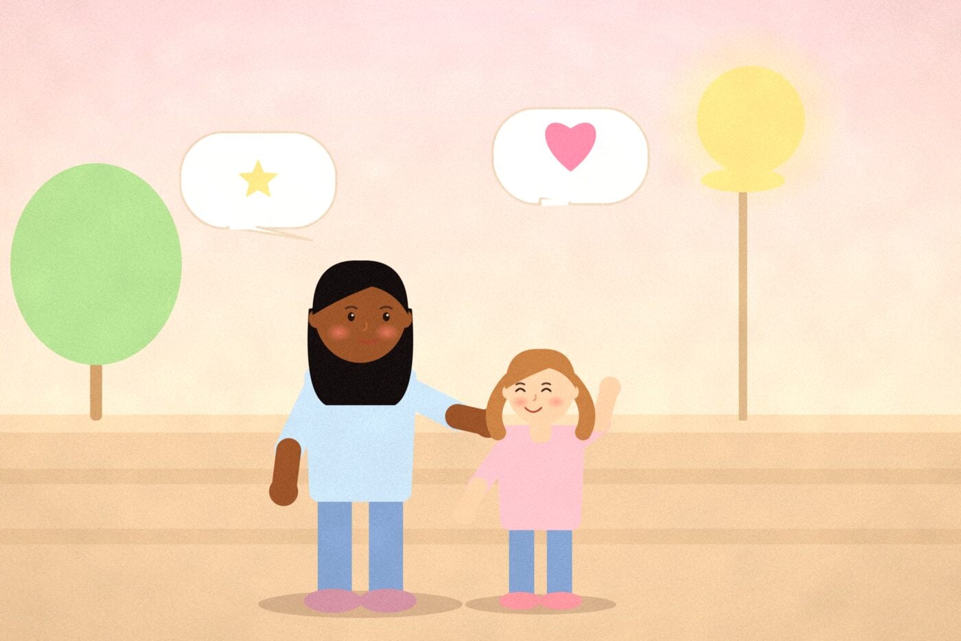 Illustration of a parent and child chatting on a porch at sunset with speech bubbles holding a star and a heart