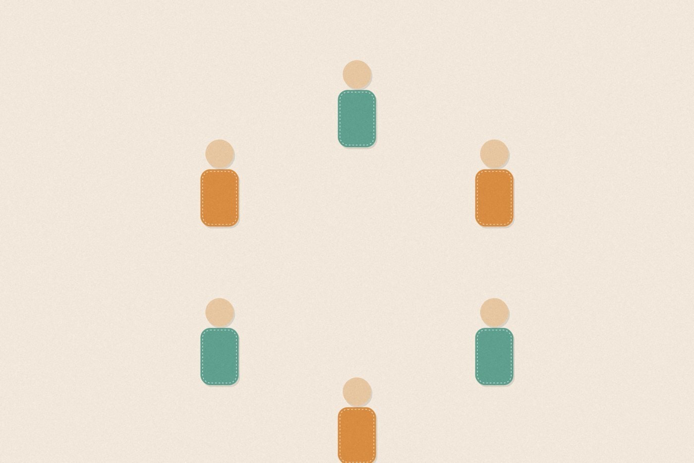 Felt appliqué style illustration of colourful soft rounded figures with dashed stitch borders, arranged for the activity 'Human Car Wash: a gentle, close-cooperation game'