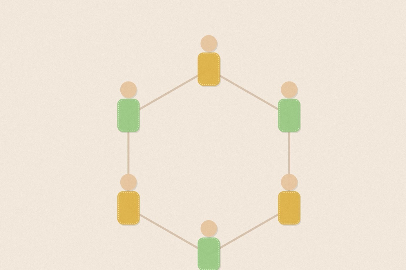 Felt appliqué style illustration of colourful soft rounded figures with dashed stitch borders, arranged for the activity 'The Human Knot: a classic cooperation puzzle'