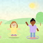 Illustration of three children each standing in a hoop with a little roof like a house, visiting each other across a sunny lawn