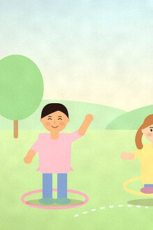 Illustration of three children each standing in a hoop with a little roof like a house, visiting each other across a sunny lawn