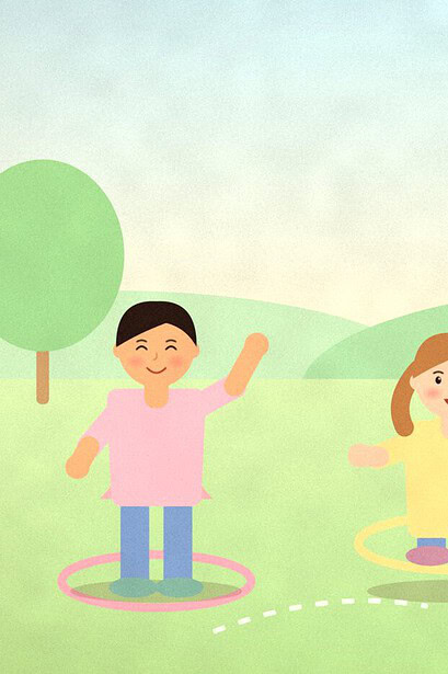 Illustration of three children each standing in a hoop with a little roof like a house, visiting each other across a sunny lawn