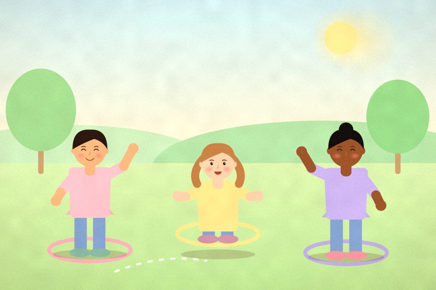 Illustration of three children each standing in a hoop with a little roof like a house, visiting each other across a sunny lawn