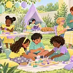 Children choosing crafts, a quiet reading tent and group games at an inclusive party