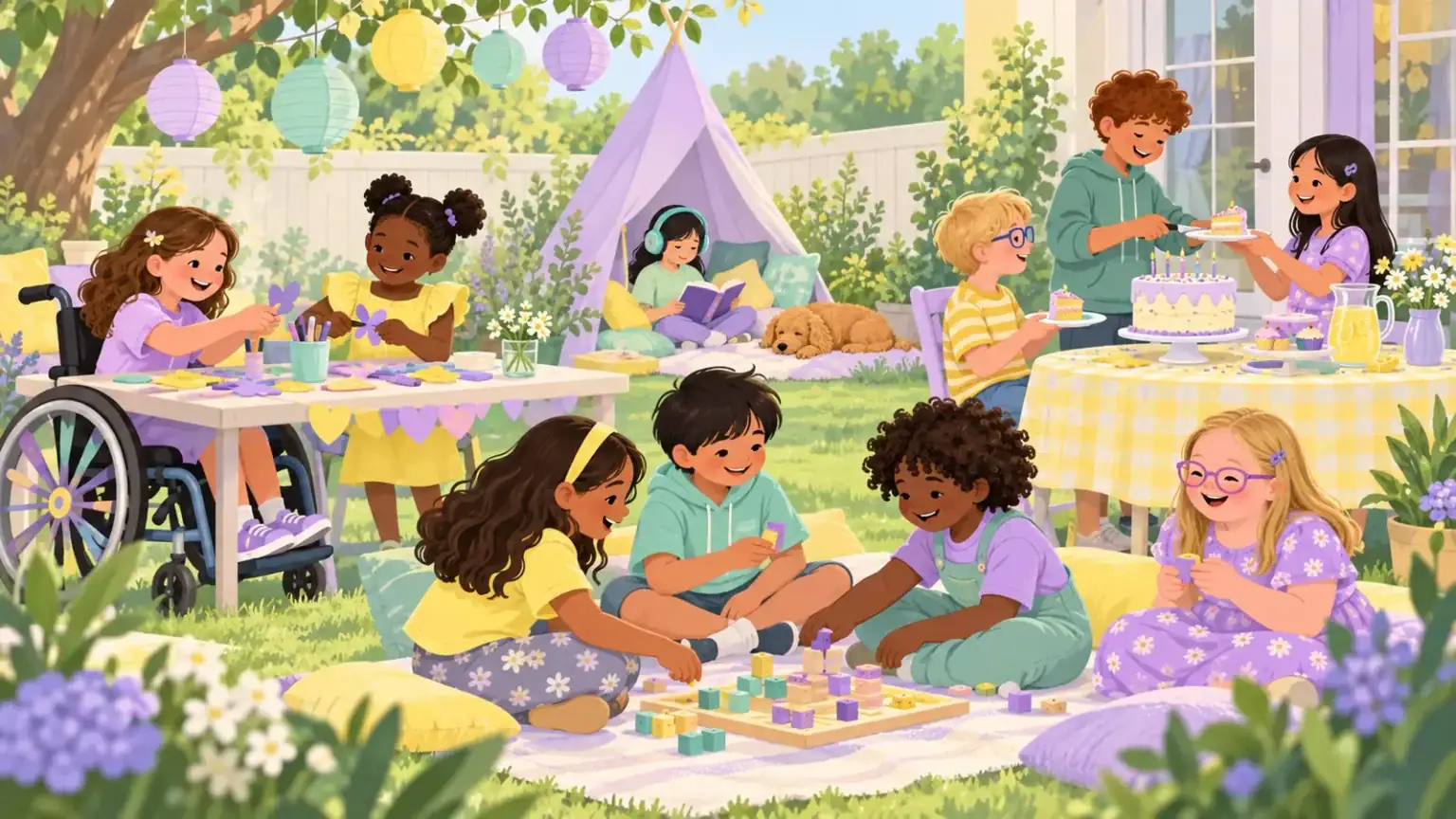 Children choosing crafts, a quiet reading tent and group games at an inclusive party