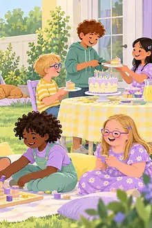 Children choosing crafts, a quiet reading tent and group games at an inclusive party