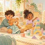 Pastel illustration of children enjoying teddy care and building blocks beside a caregiver
