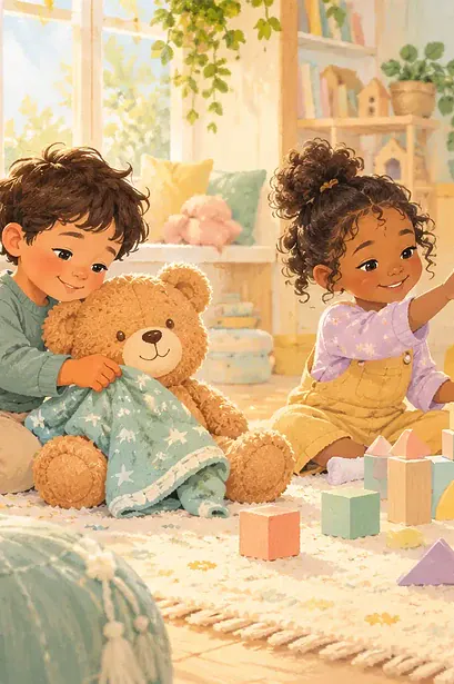 Pastel illustration of children enjoying teddy care and building blocks beside a caregiver