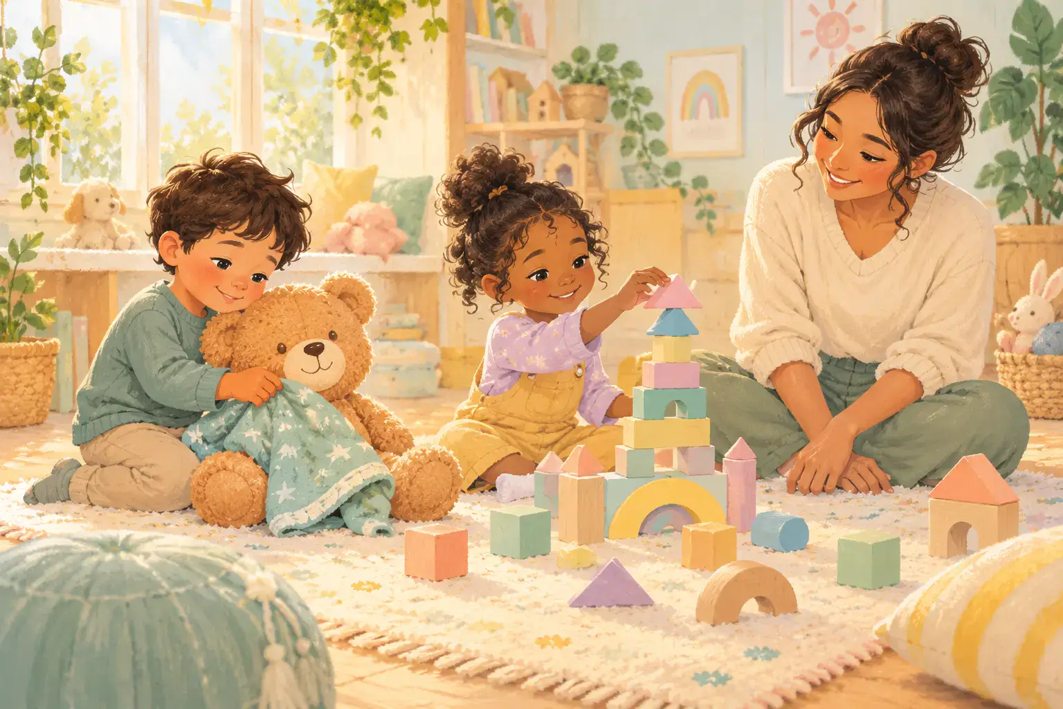 Pastel illustration of children enjoying teddy care and building blocks beside a caregiver