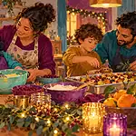 A family prepares a festive meal together with adapted tools and different meaningful roles for each child