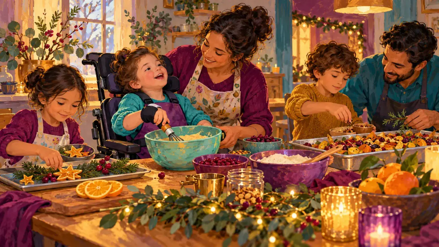 A family prepares a festive meal together with adapted tools and different meaningful roles for each child