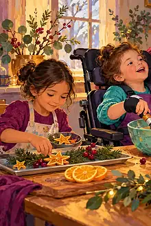 A family prepares a festive meal together with adapted tools and different meaningful roles for each child