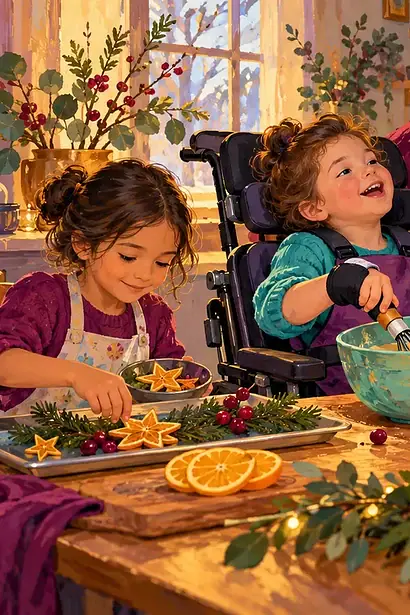 A family prepares a festive meal together with adapted tools and different meaningful roles for each child