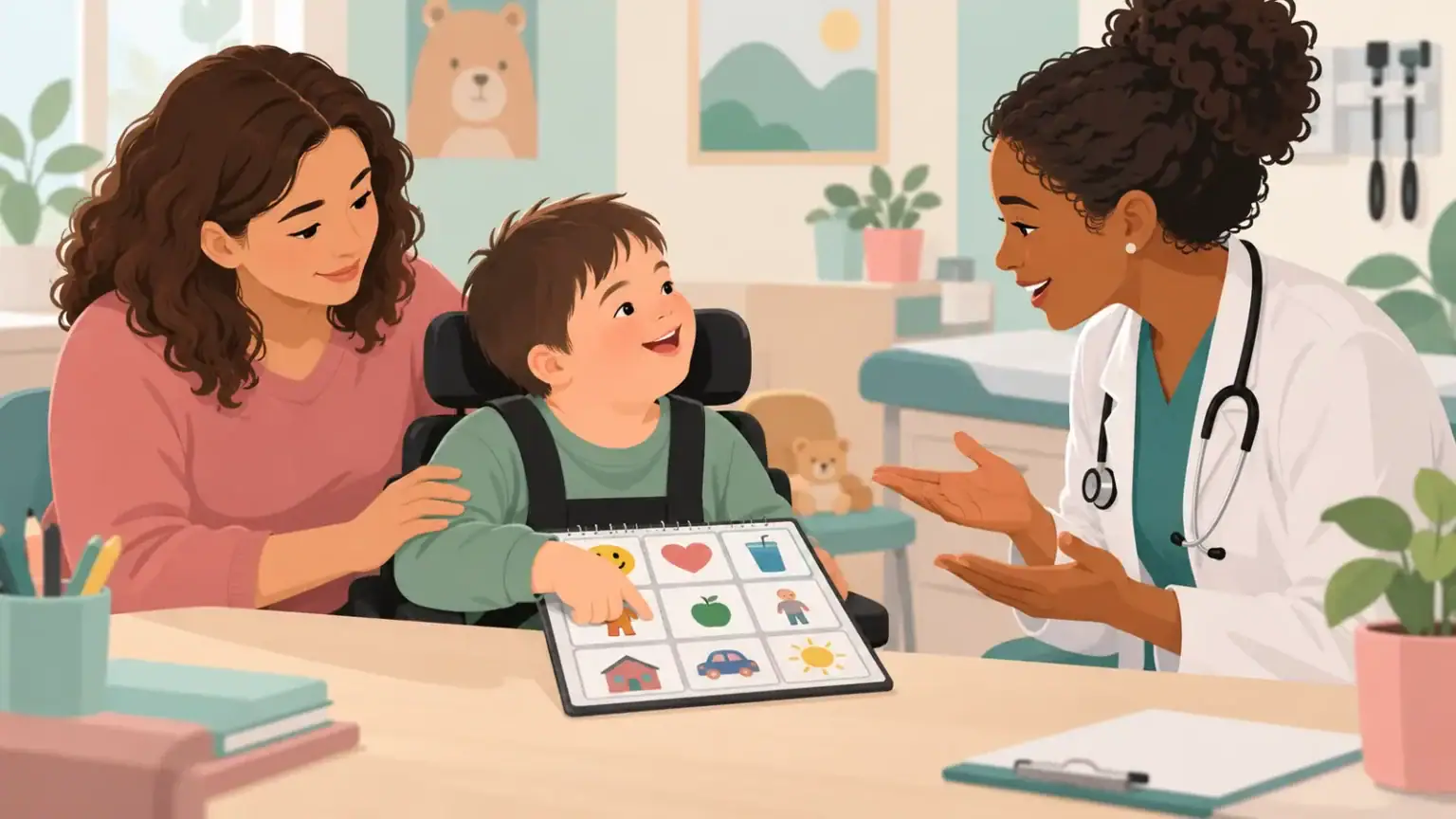 A clinician speaking directly with a child who uses a picture communication board while a parent supports