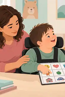 A clinician speaking directly with a child who uses a picture communication board while a parent supports