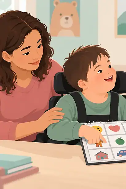 A clinician speaking directly with a child who uses a picture communication board while a parent supports