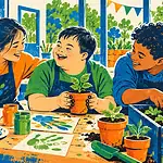Three children sharing painting and gardening at an inclusive community activity