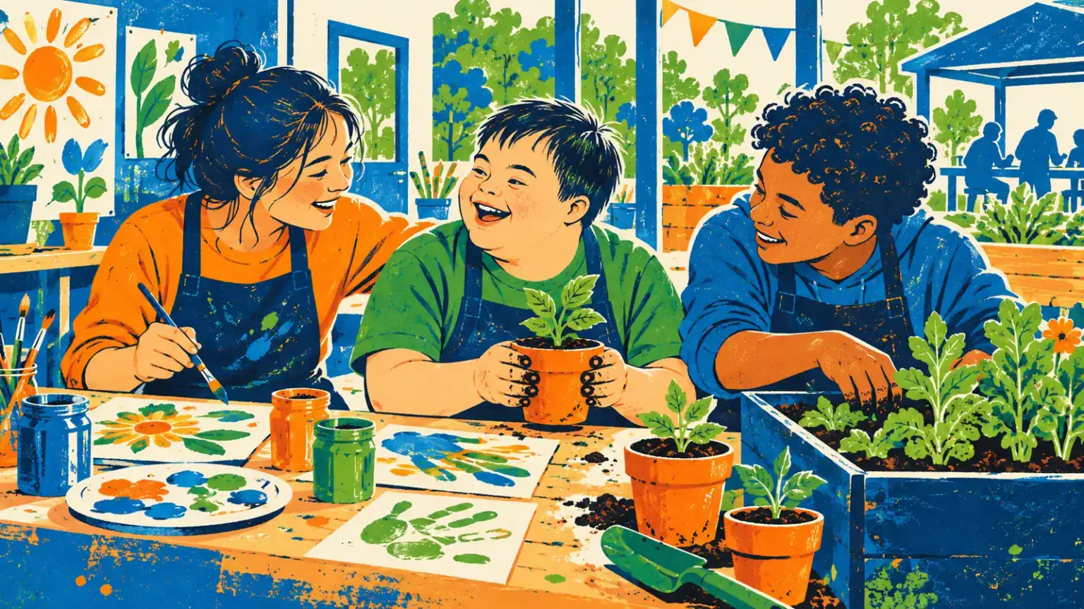 Three children sharing painting and gardening at an inclusive community activity