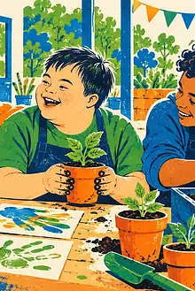 Three children sharing painting and gardening at an inclusive community activity