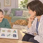 A child pointing to feelings and routine pictures while a caregiver and clinician listen