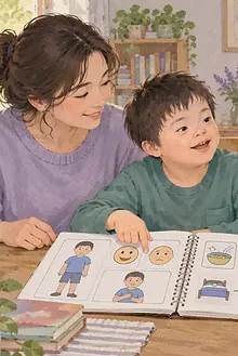 A child pointing to feelings and routine pictures while a caregiver and clinician listen
