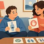 A parent and teenager discussing privacy and consent with simple picture cards