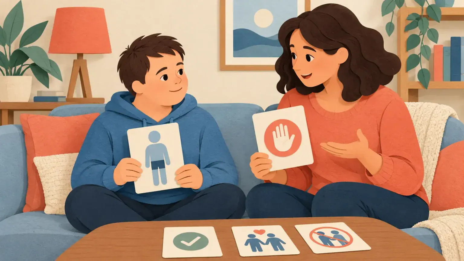 A parent and teenager discussing privacy and consent with simple picture cards