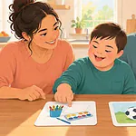 A child choosing between art and football activity cards while family members wait supportively
