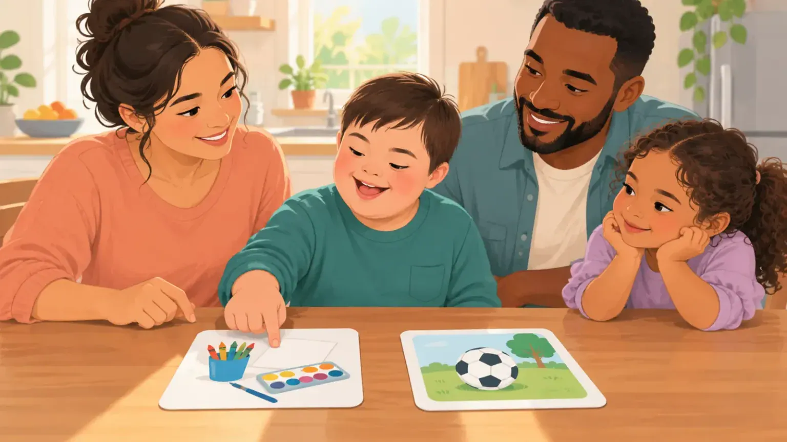 A child choosing between art and football activity cards while family members wait supportively