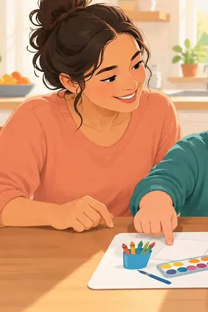 A child choosing between art and football activity cards while family members wait supportively