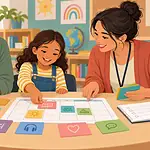 Parent child and teacher using colored cards to build a practical school support plan together