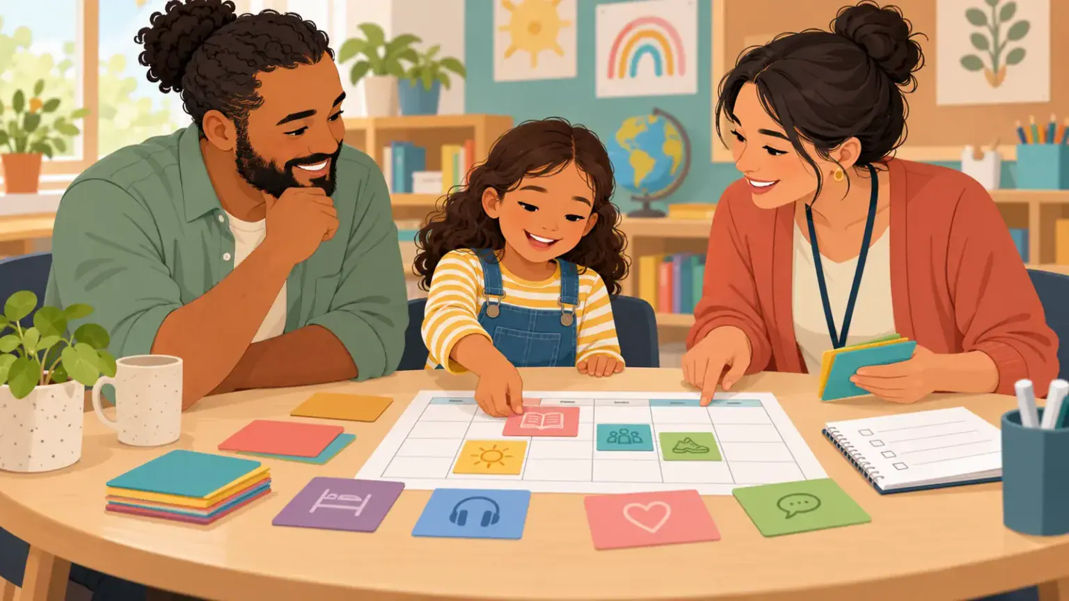 Parent child and teacher using colored cards to build a practical school support plan together