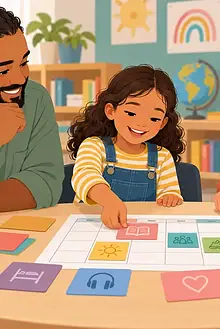 Parent child and teacher using colored cards to build a practical school support plan together