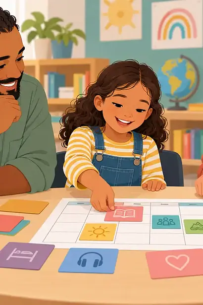 Parent child and teacher using colored cards to build a practical school support plan together