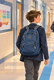Older child following a color-coded route through a secondary school corridor with a supportive adult nearby