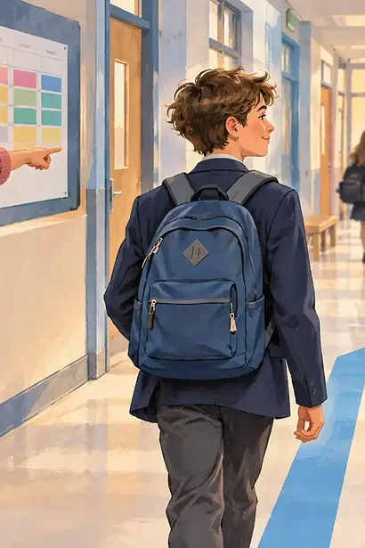 Older child following a color-coded route through a secondary school corridor with a supportive adult nearby