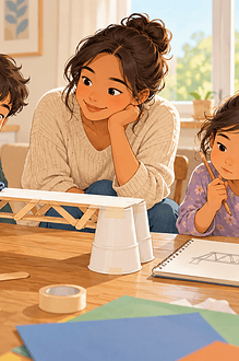 A caregiver watches two children test and redesign a homemade bridge at a kitchen table.