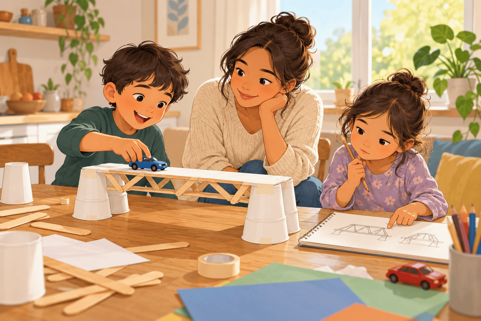 A caregiver watches two children test and redesign a homemade bridge at a kitchen table.