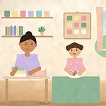 Illustration of a family kitchen where a parent folds laundry, a child washes vegetables at the island and a teenager sets the table