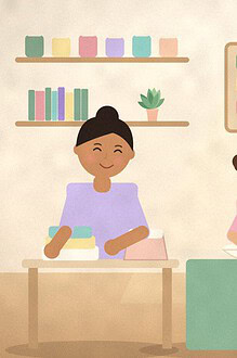 Illustration of a family kitchen where a parent folds laundry, a child washes vegetables at the island and a teenager sets the table