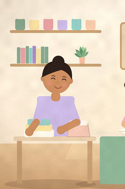 Illustration of a family kitchen where a parent folds laundry, a child washes vegetables at the island and a teenager sets the table