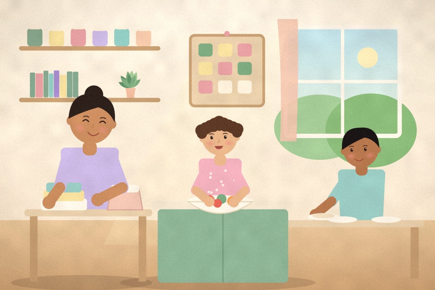 Illustration of a family kitchen where a parent folds laundry, a child washes vegetables at the island and a teenager sets the table