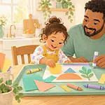 Pastel illustration of a father and child making a paper collage in a tray