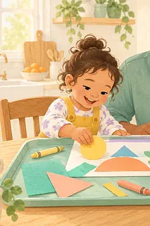 Pastel illustration of a father and child making a paper collage in a tray