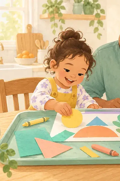 Pastel illustration of a father and child making a paper collage in a tray