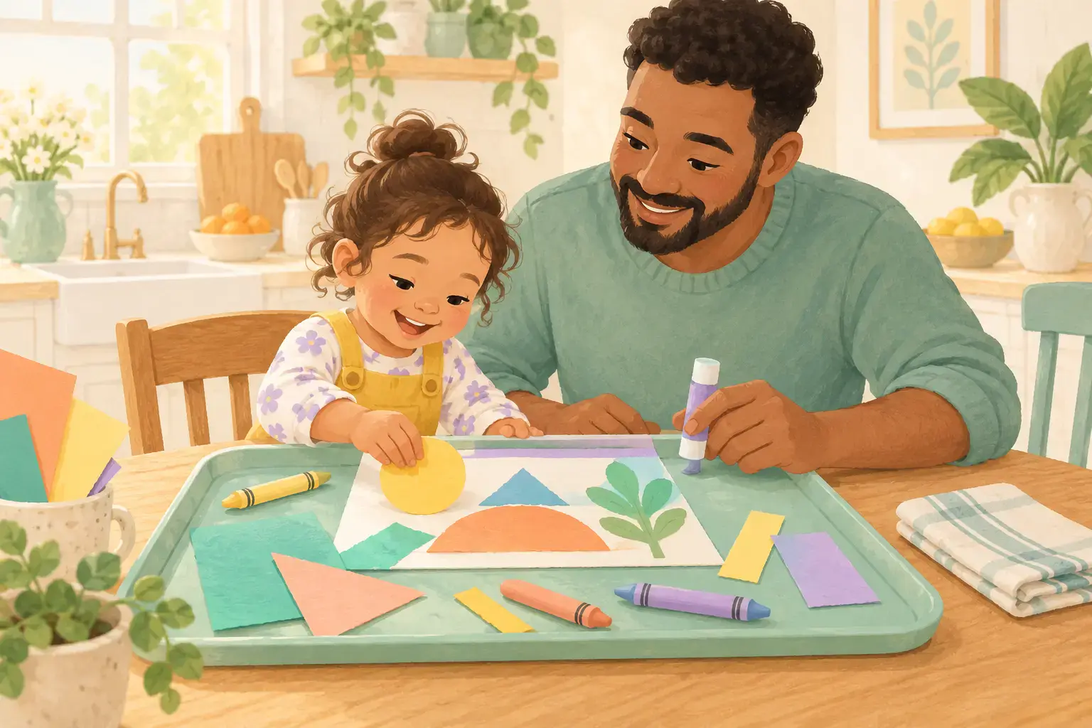 Pastel illustration of a father and child making a paper collage in a tray
