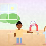 Illustration of two children at a table around a red horseshoe magnet picking up paperclips, with a magnifying glass above