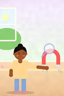Illustration of two children at a table around a red horseshoe magnet picking up paperclips, with a magnifying glass above