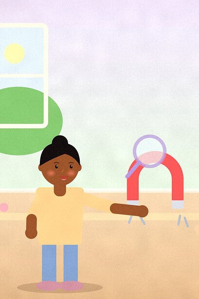 Illustration of two children at a table around a red horseshoe magnet picking up paperclips, with a magnifying glass above